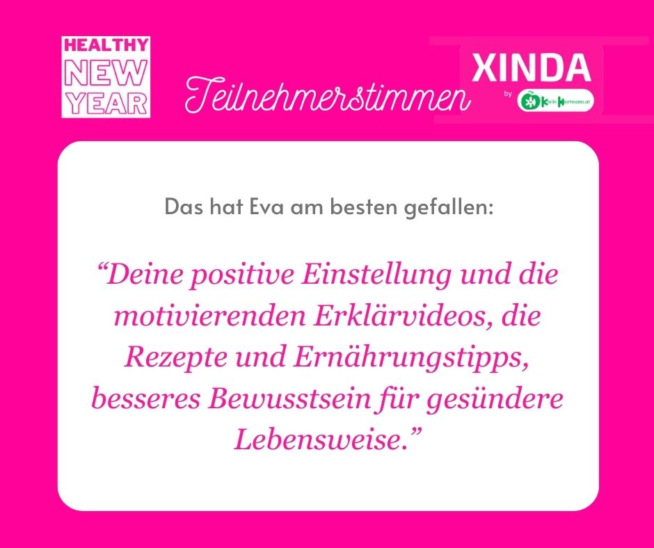 Das hat Eva am besten gefallen: Deine positive Einstellung und die motivierenden Erklärvideos, die Rezepte und Ernährungstipps, besseres Bewusstsein für gesündere Lebensweise'