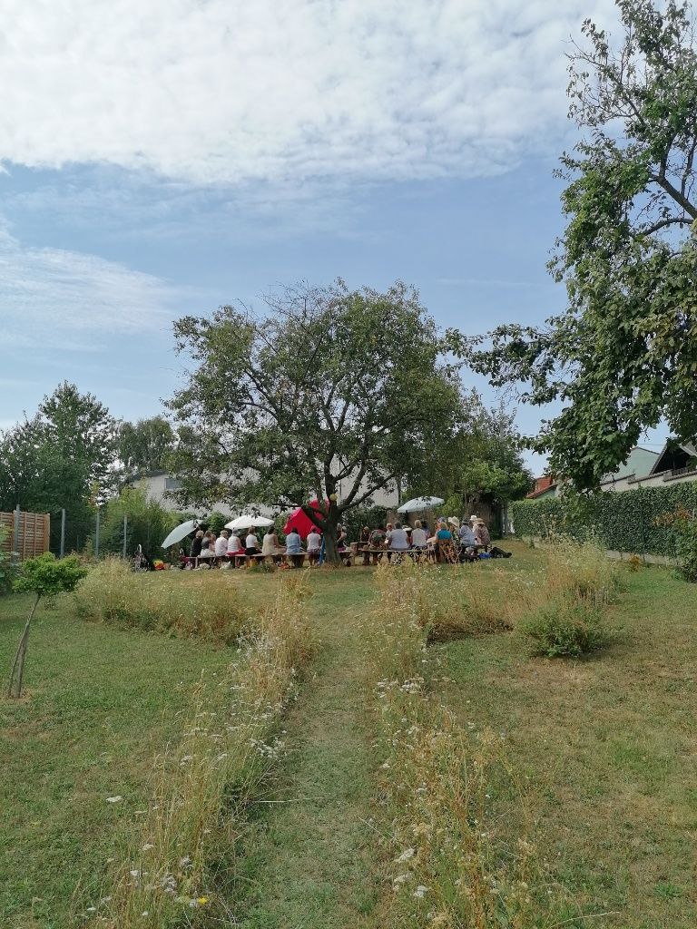 Der langgestreckte Garten, mit der Trommelgruppe am hinteren Ende