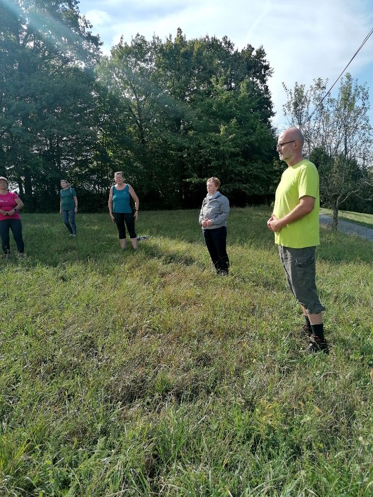 Gruppe macht Wyda auf der Wiese.